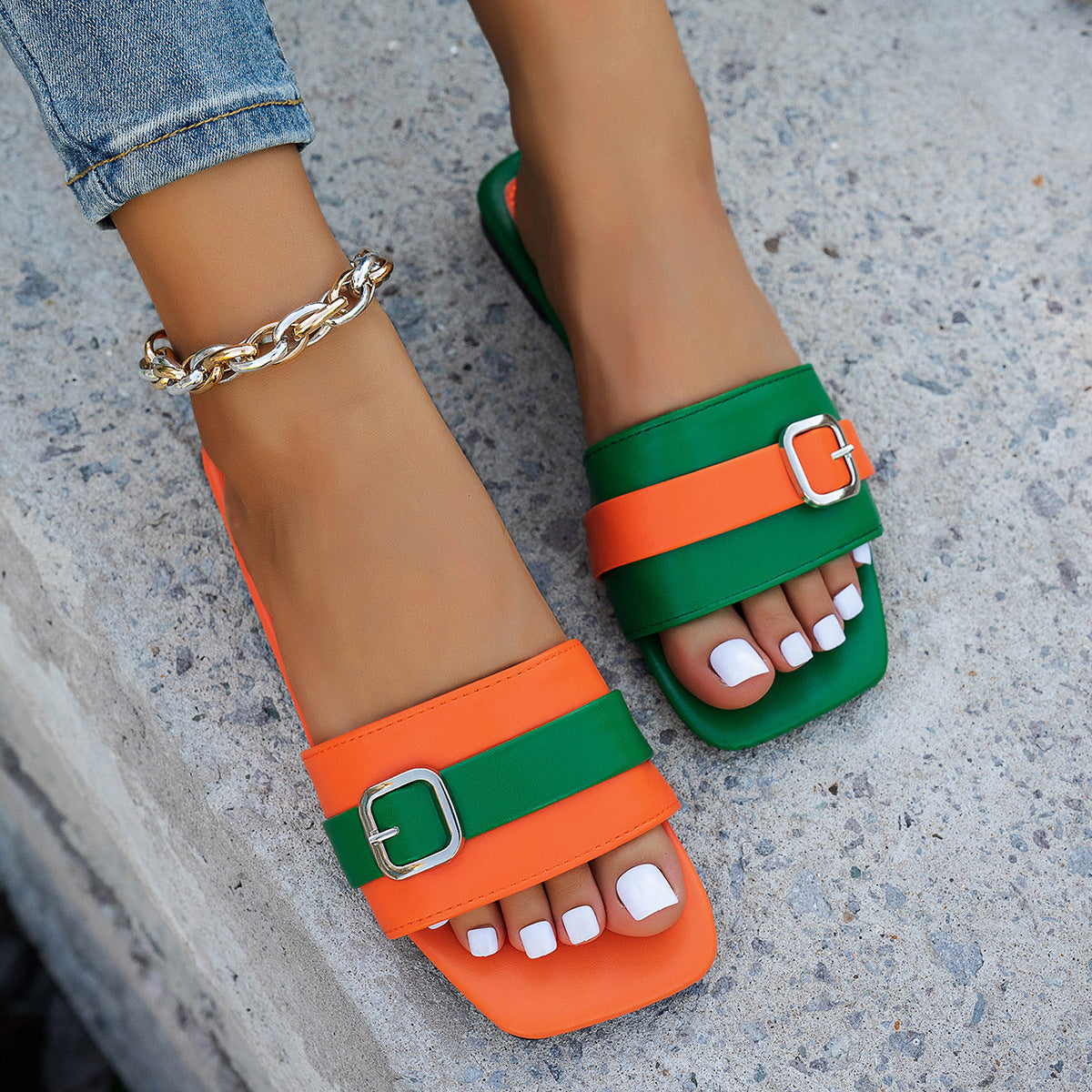 Women's Color Block Square Toe Flat Sandals with Geometric Straps