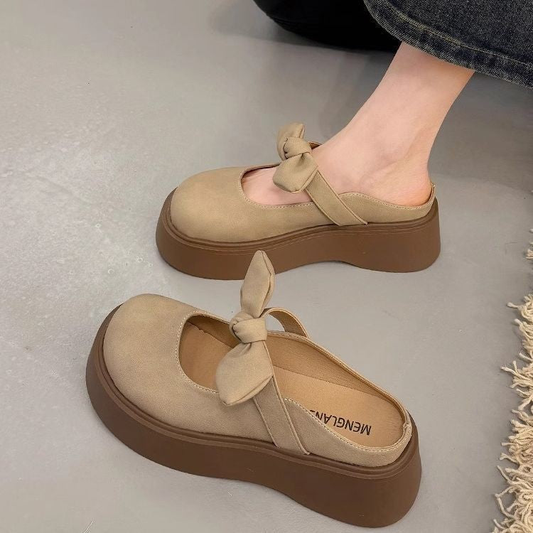 Women's Bow Platform Mary Jane Mules – Chunky Suede Slip-On Loafers