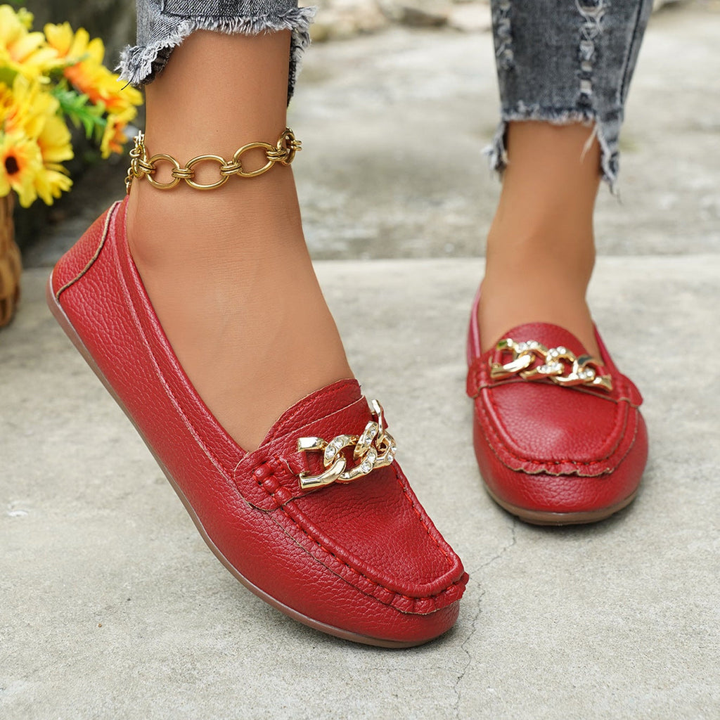 Women's Classic Chain Loafers with Gold Buckle Ornament – Comfortable Casual Slip-On Flats