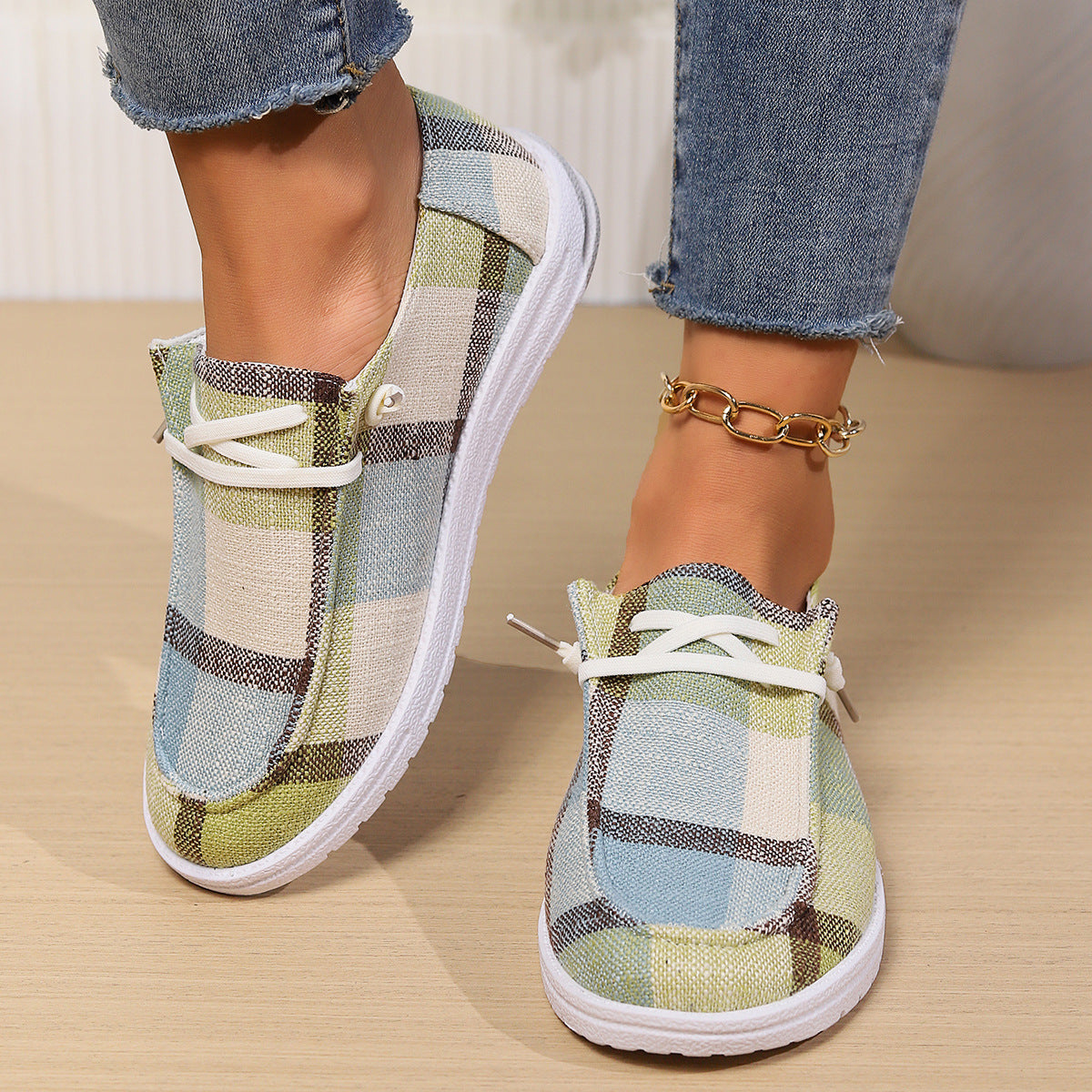 Plaid Canvas Slip-On Sneakers Women Casual Lace-Up Comfort Shoes