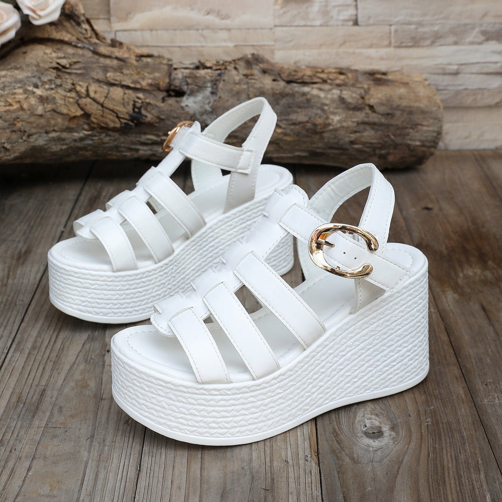 Women's Strappy Platform Wedge Sandals with Buckle – Chunky Peep Toe Summer Shoes