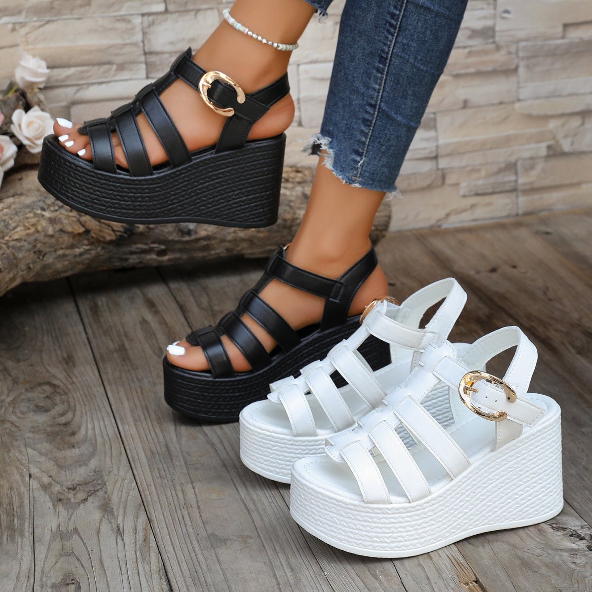 Women's Strappy Platform Wedge Sandals with Buckle – Chunky Peep Toe Summer Shoes