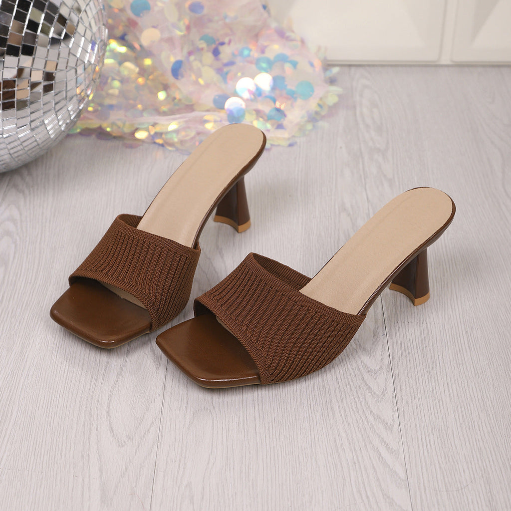 Ribbed Knit Square Toe Block Heel Mules – Comfortable Slip-On Sandals