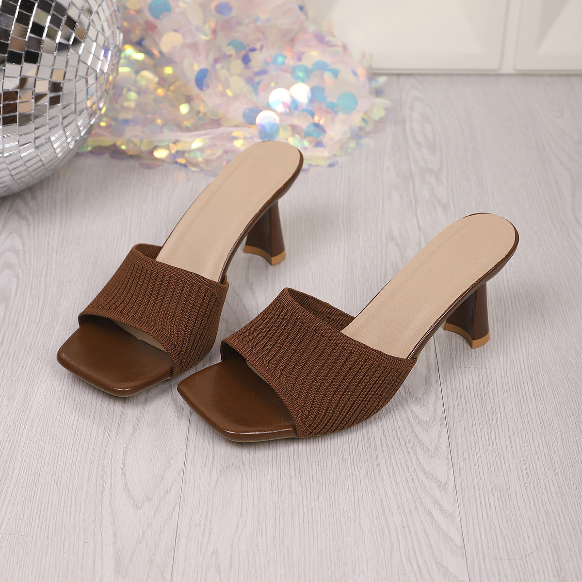 Ribbed Knit Square Toe Block Heel Mules – Comfortable Slip-On Sandals
