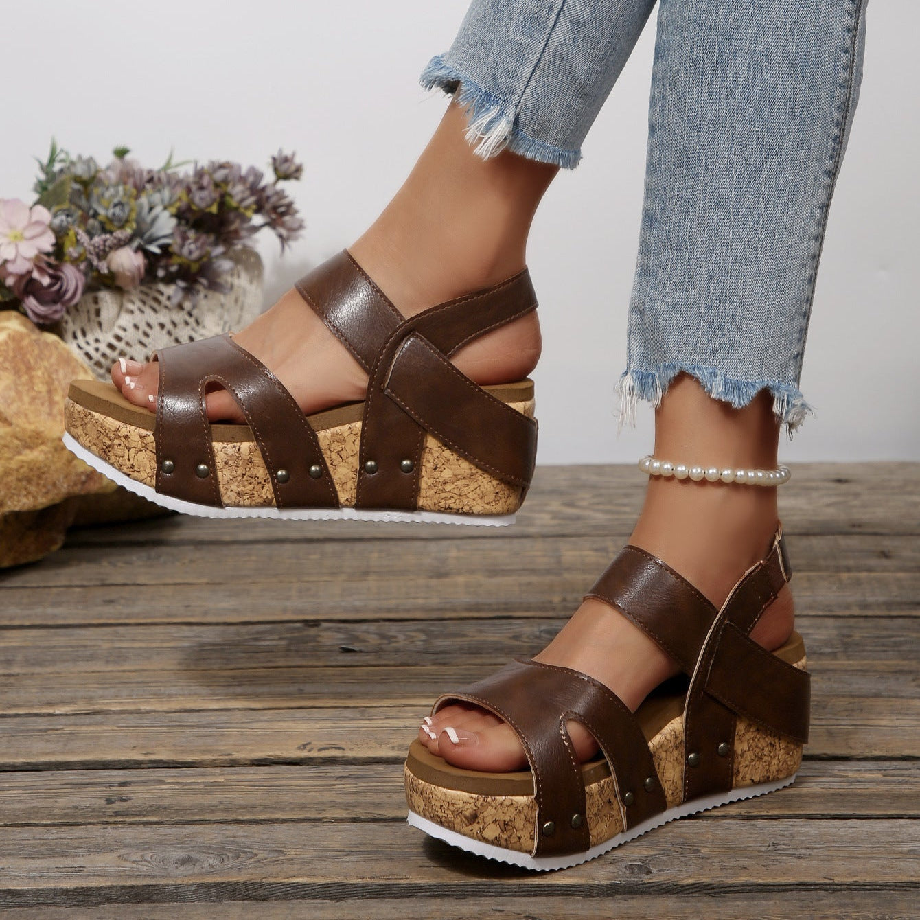 Women's Platform Wedge Sandals with Crisscross Straps – Cork Wedge Summer Shoes