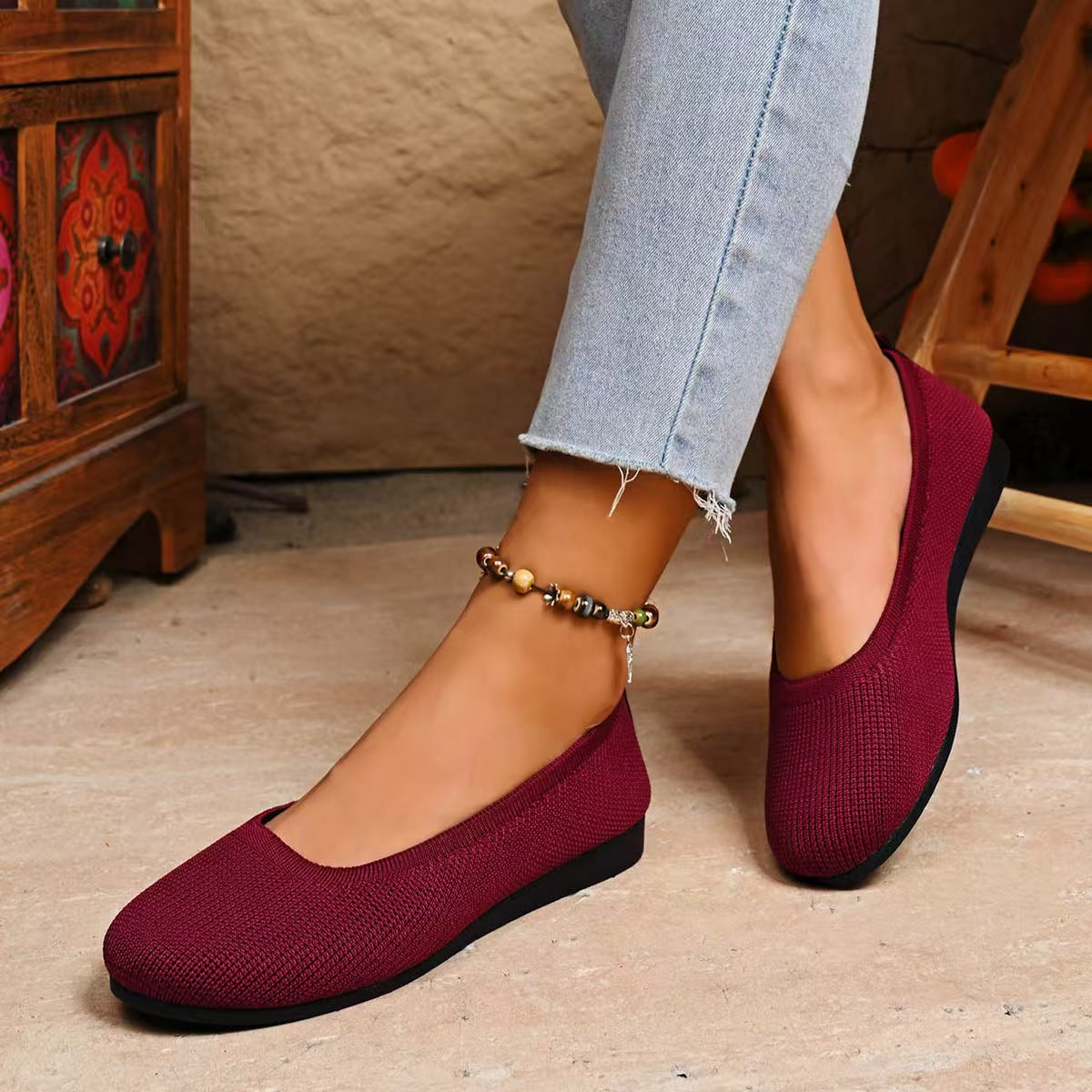 Women’s Knit Slip-On Flats Breathable Comfortable Ballet Flats Low Wedge Casual Shoes