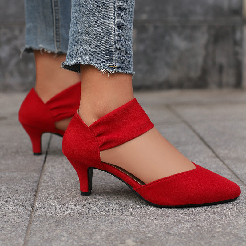 Women Pointed Toe Kitten Heel Ankle Strap Pumps - Suede Low Heel Dress Shoes