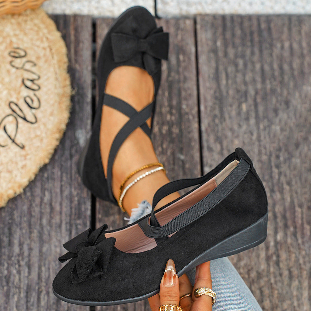 Women Bow Wedge Shoes Criss Cross Strap Suede Mary Jane Flats