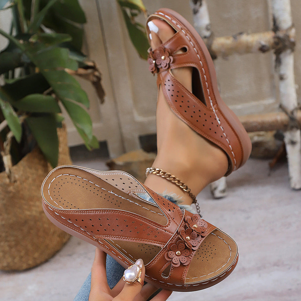 Women’s Platform Slide Sandals with Flower Embellishment – Perforated Breathable Comfort Wedges