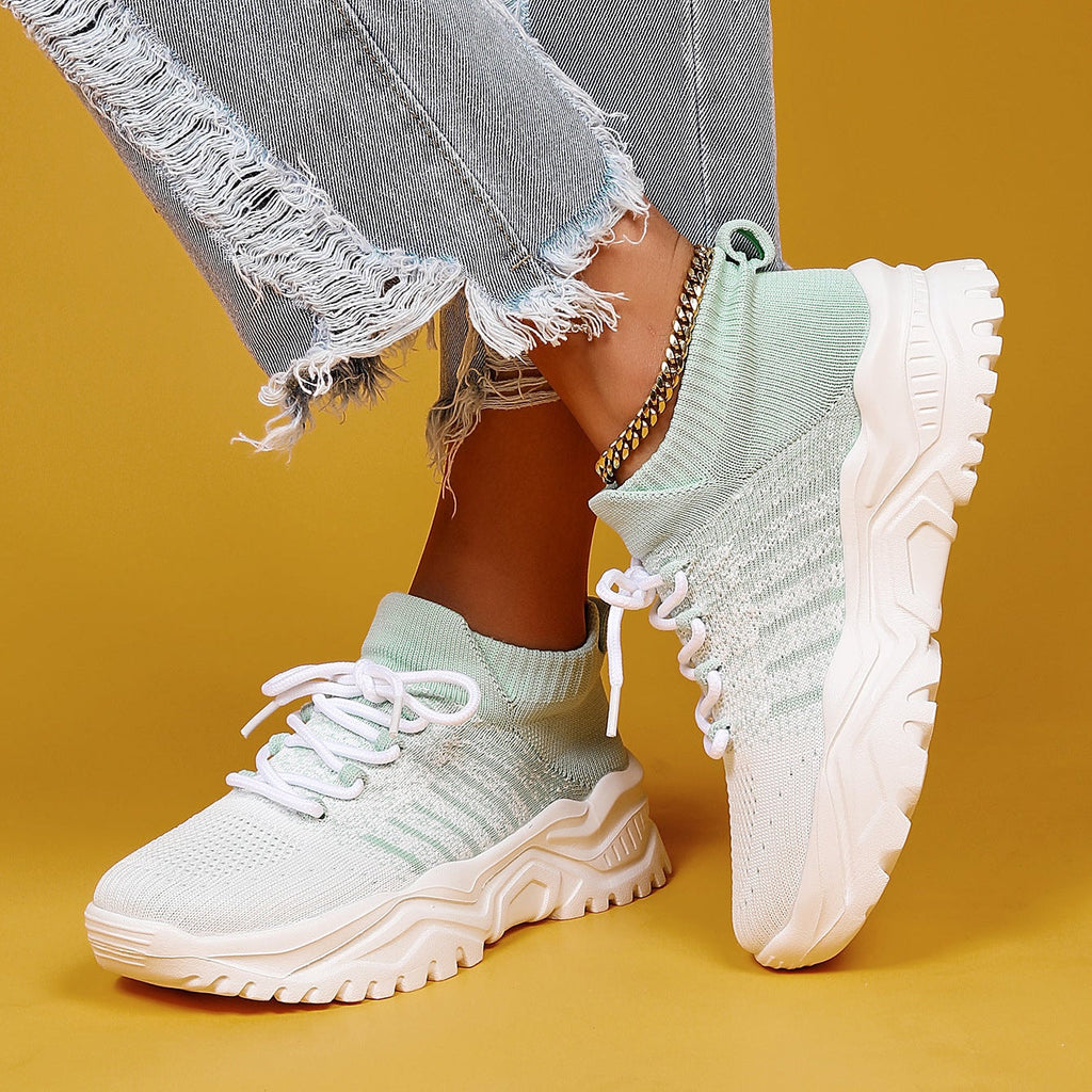 Women Knit Sneakers Chunky Platform Sock Shoes Lace Up Breathable Casual Trainers