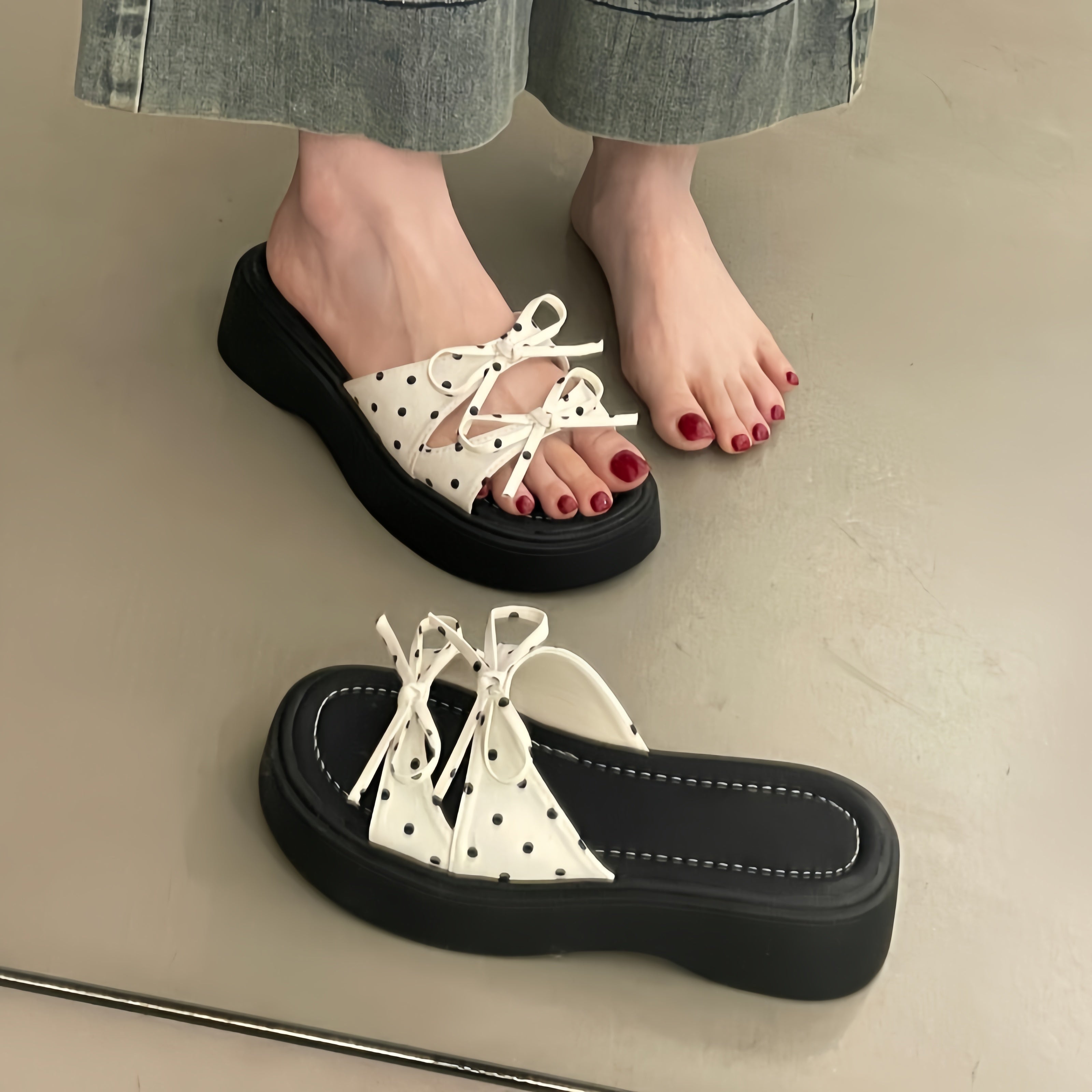 Polka Dot Bow Platform Slide Sandals Women - Chunky Thick Sole Summer Slippers