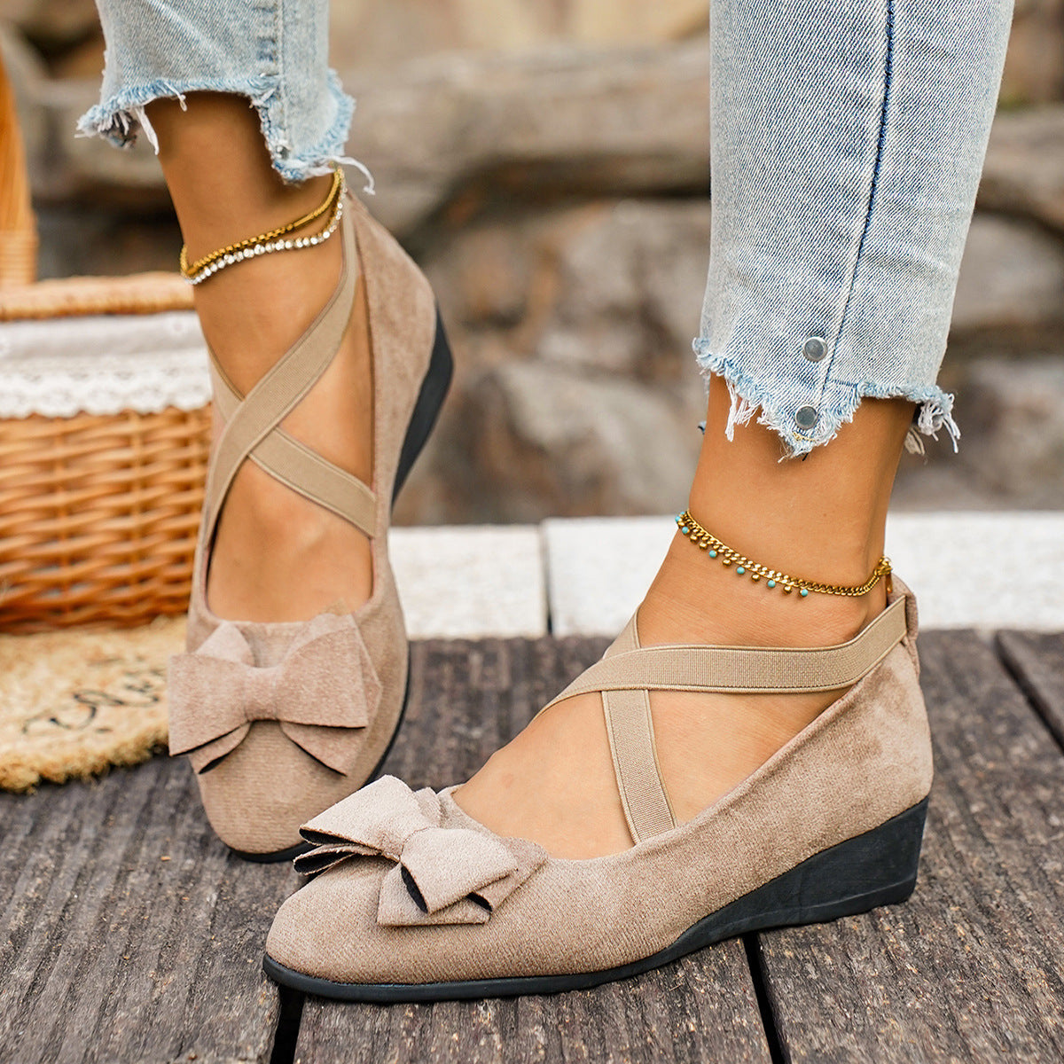 Women Bow Wedge Shoes Criss Cross Strap Suede Mary Jane Flats