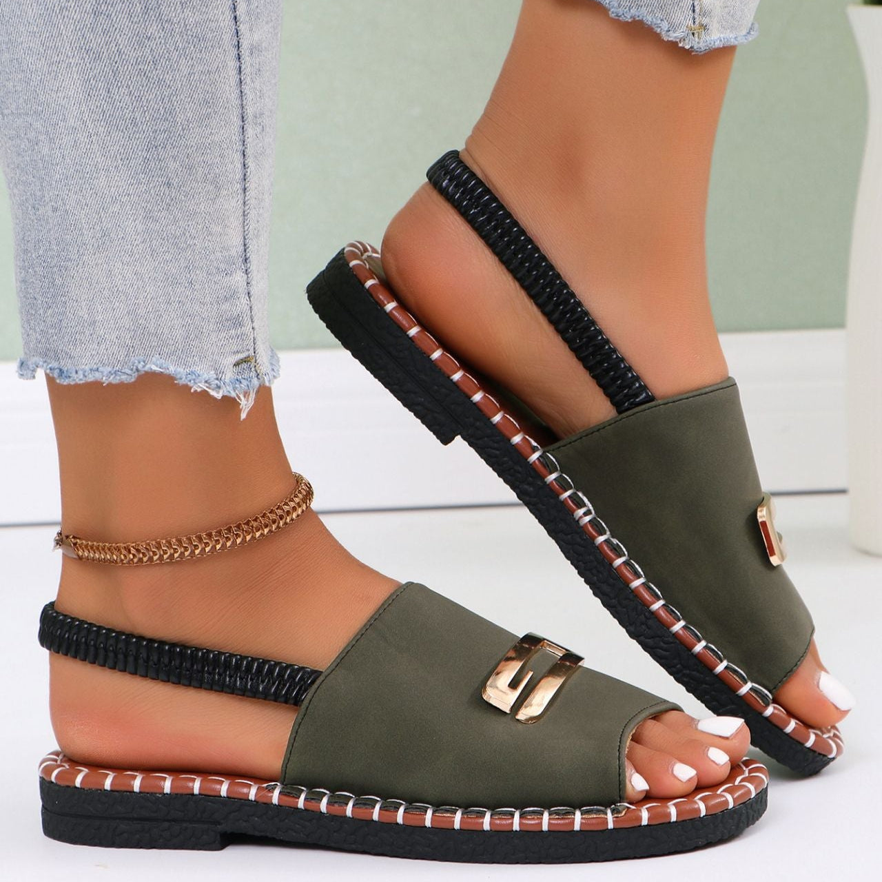 Women’s Platform Slide Sandals with Gold Buckle Peep Toe Comfort Summer Shoes