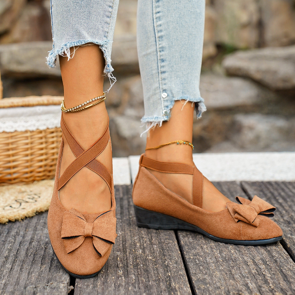 Women Bow Wedge Shoes Criss Cross Strap Suede Mary Jane Flats