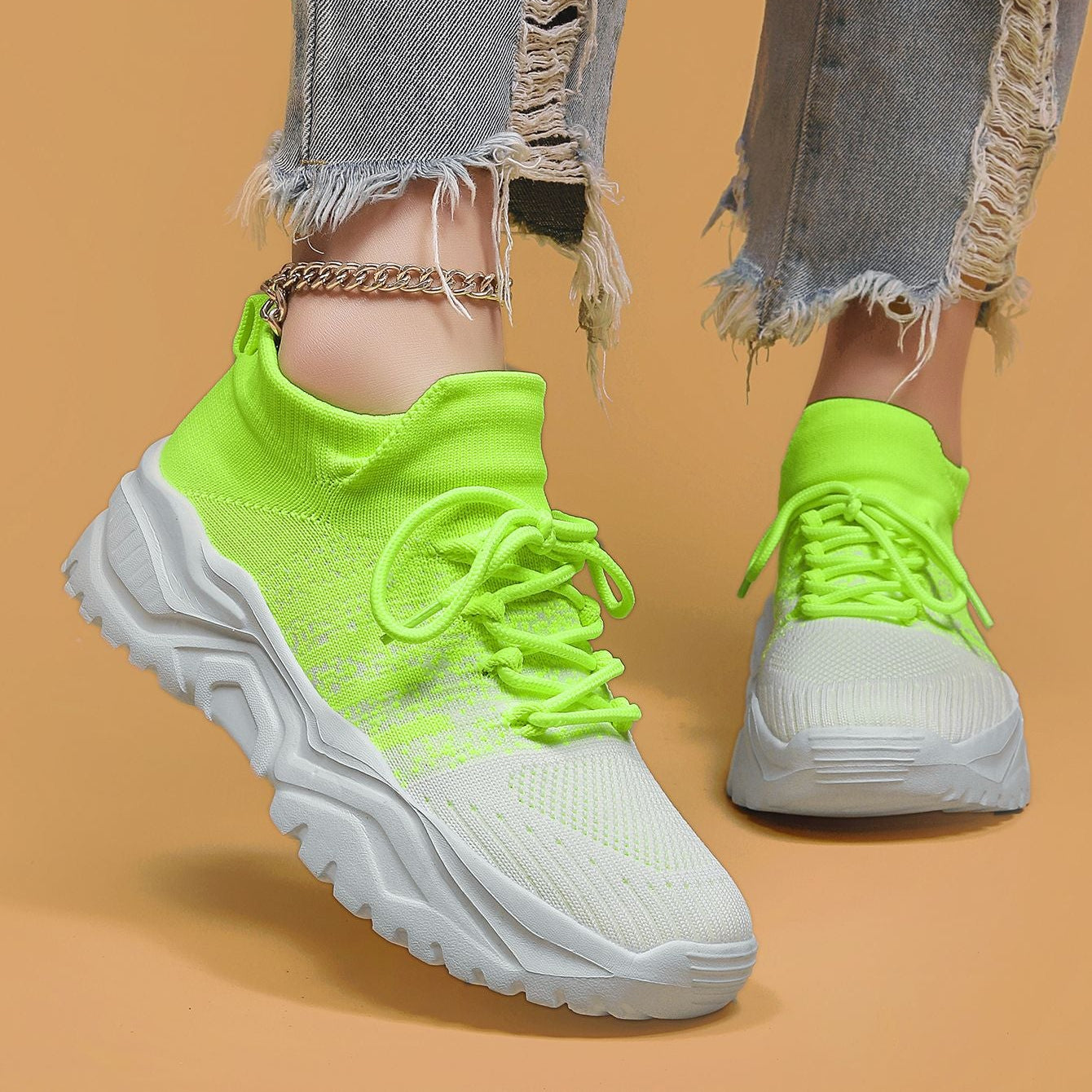 Women Knit Sneakers Chunky Platform Sock Shoes Lace Up Breathable Casual Trainers