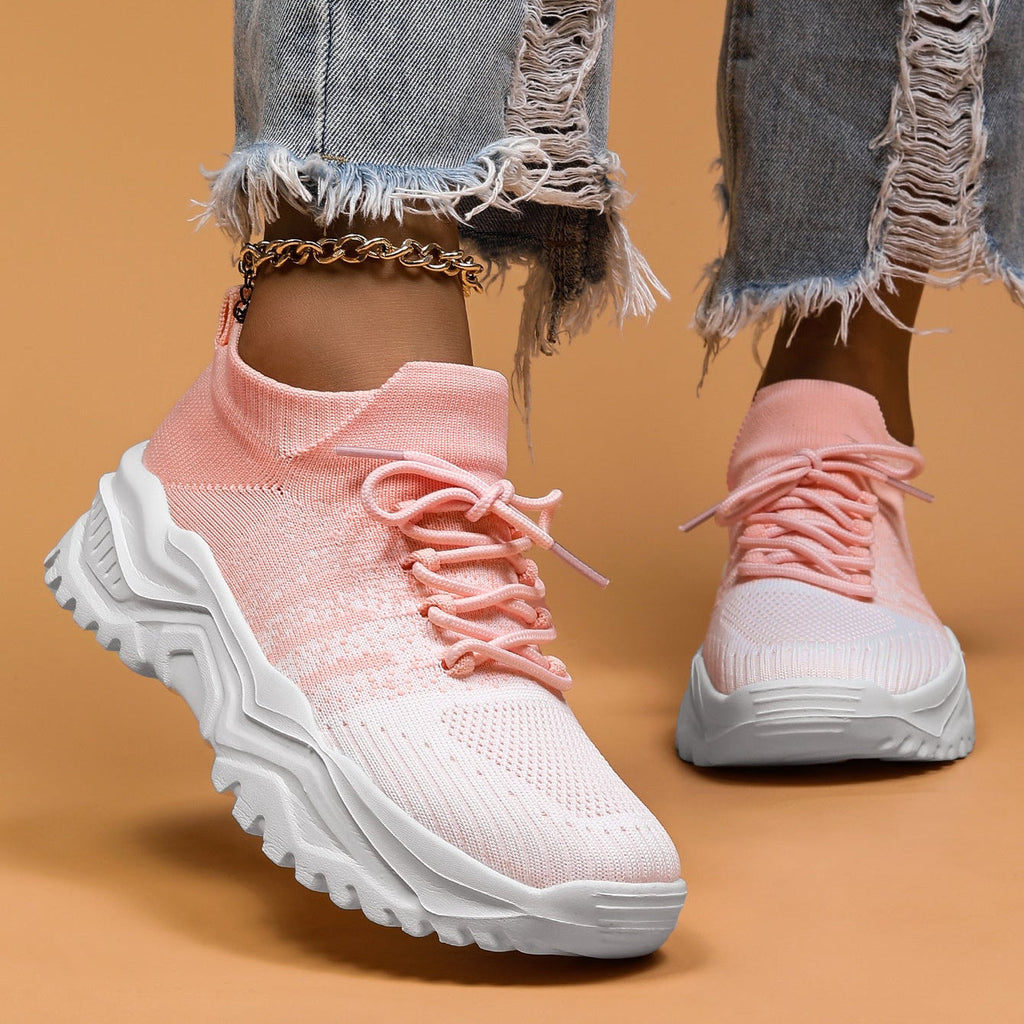 Women Knit Sneakers Chunky Platform Sock Shoes Lace Up Breathable Casual Trainers
