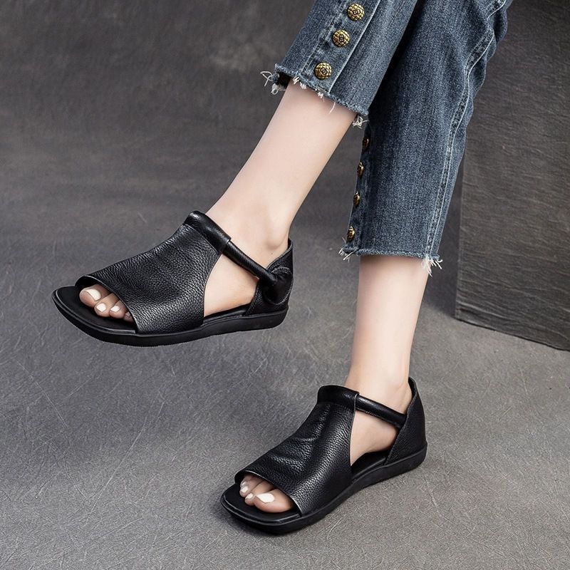 Women Pebbled Leather Open Toe Ankle Strap Flat Sandals - Comfort Casual Summer Shoes