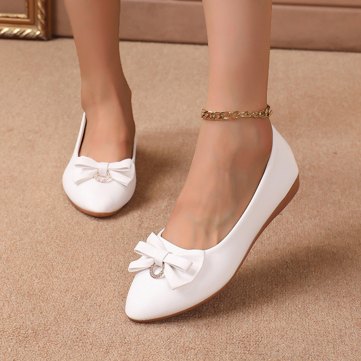 Women Pointed Toe Bow Flats with Rhinestone Comfort Low Wedge Shoes