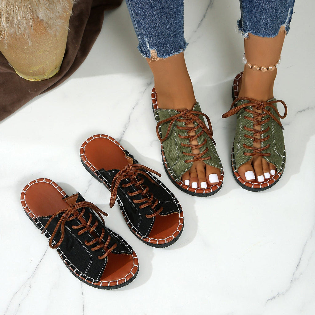 Women's Lace-Up Peep Toe Slide Sandals Casual Comfort Flat Sandals