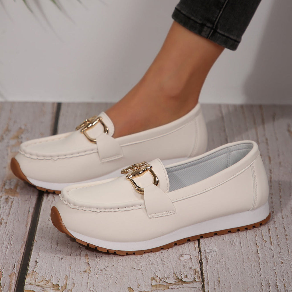 Women's Casual Loafers with Gold Buckle – Comfortable Platform Slip-On Shoes