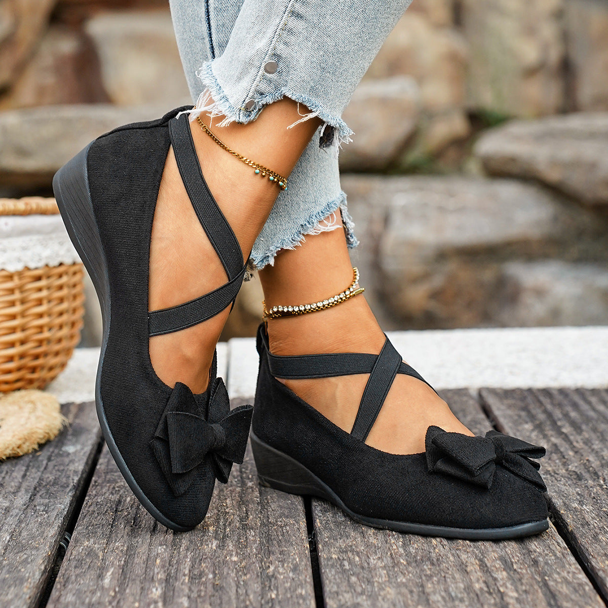 Women Bow Wedge Shoes Criss Cross Strap Suede Mary Jane Flats