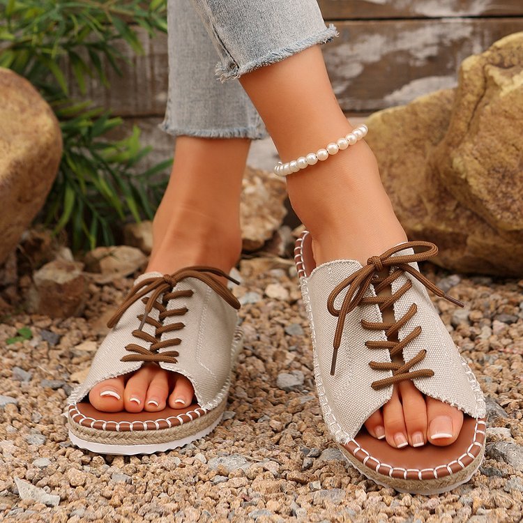 Women's Lace-Up Peep Toe Slide Sandals Casual Comfort Flat Sandals