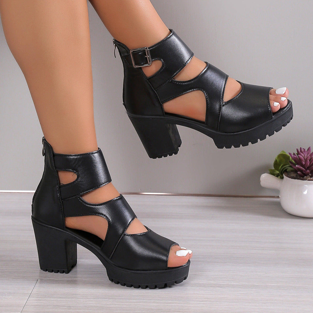 Women Peep Toe Platform Chunky Heel Sandals with Ankle Buckle 7.5cm