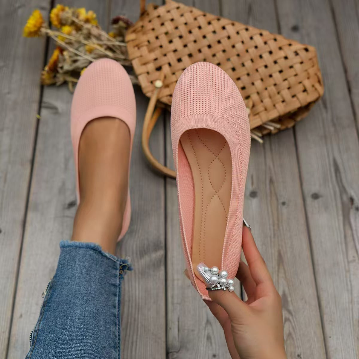 Women’s Knit Slip-On Flats Breathable Comfortable Ballet Flats Low Wedge Casual Shoes