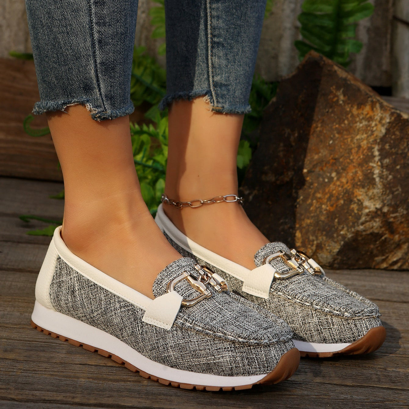 Women's Casual Loafers with Gold Buckle – Comfortable Platform Slip-On Shoes