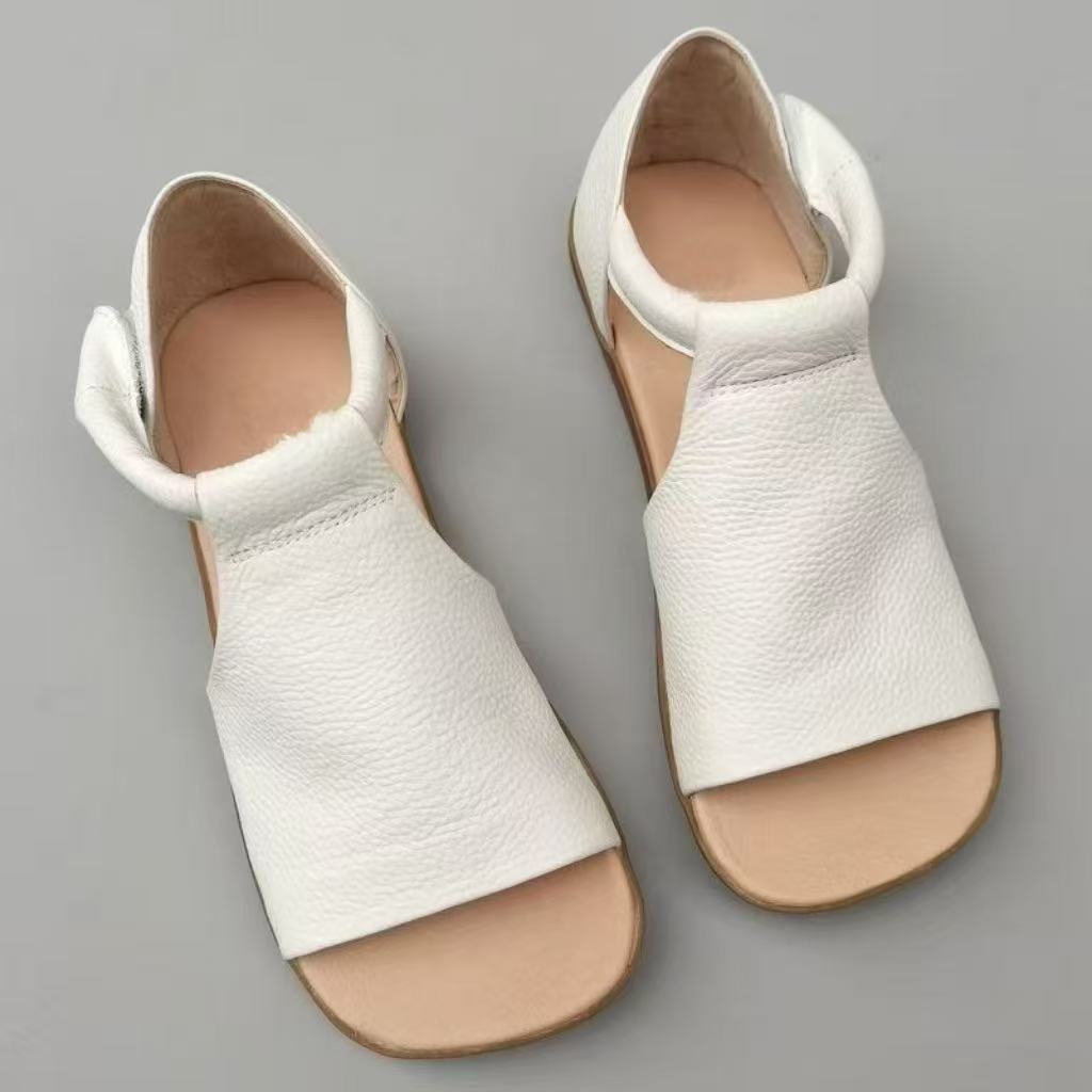 Women Pebbled Leather Open Toe Ankle Strap Flat Sandals - Comfort Casual Summer Shoes