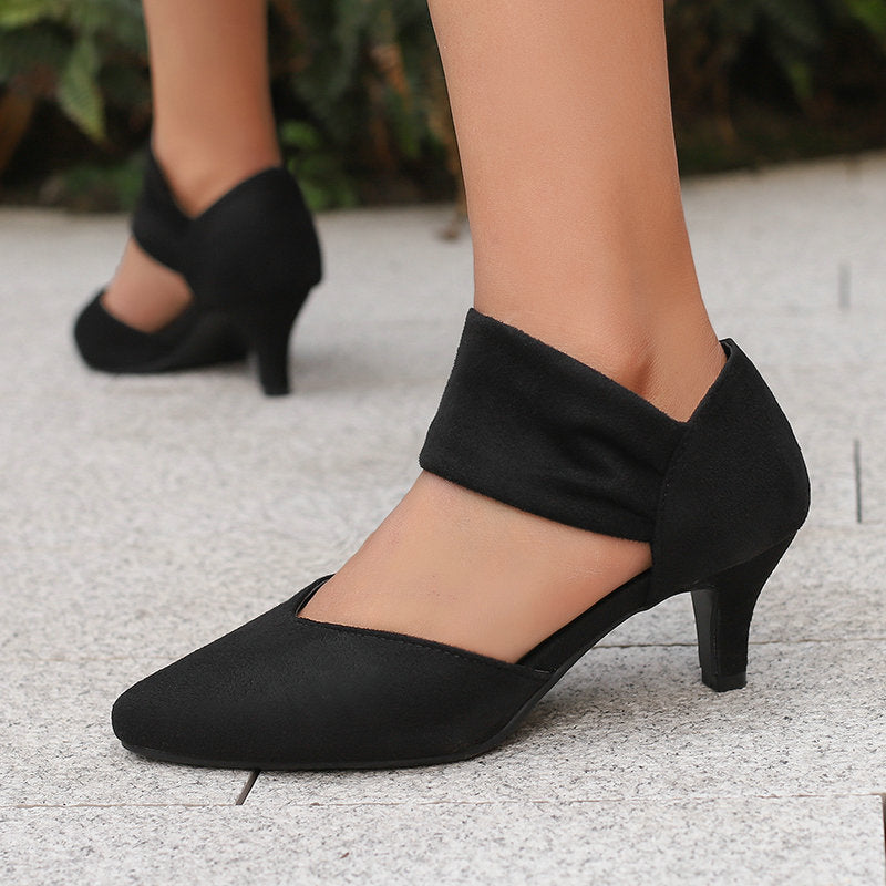 Women Pointed Toe Kitten Heel Ankle Strap Pumps - Suede Low Heel Dress Shoes