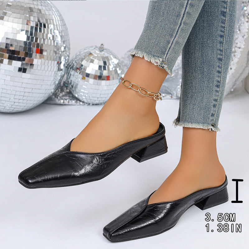 Chic Crocodile Texture Square Toe Block Heel Mules - 3.5cm Low Heel Slip-On Shoes