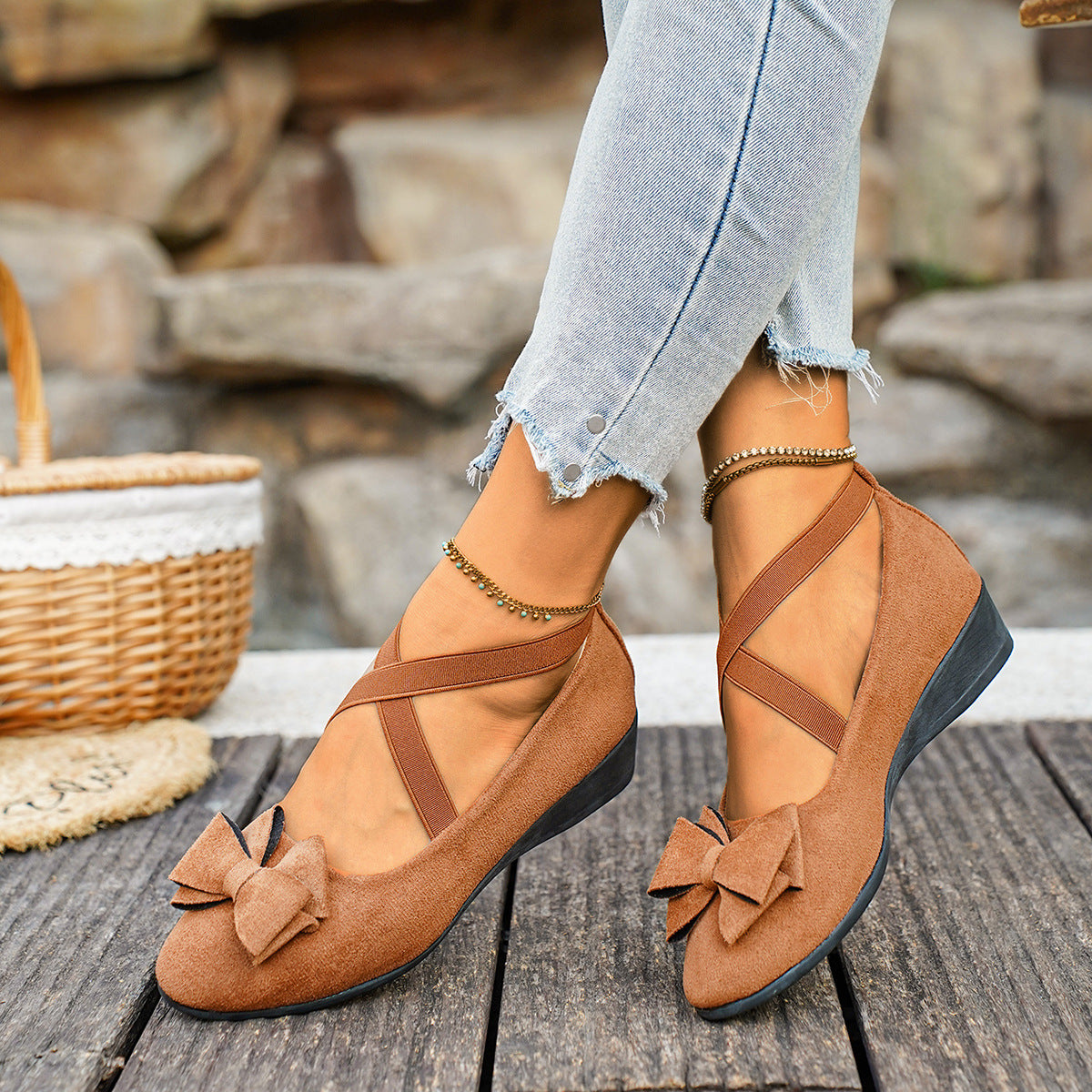 Women Bow Wedge Shoes Criss Cross Strap Suede Mary Jane Flats