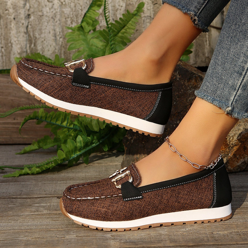 Women's Casual Loafers with Gold Buckle – Comfortable Platform Slip-On Shoes