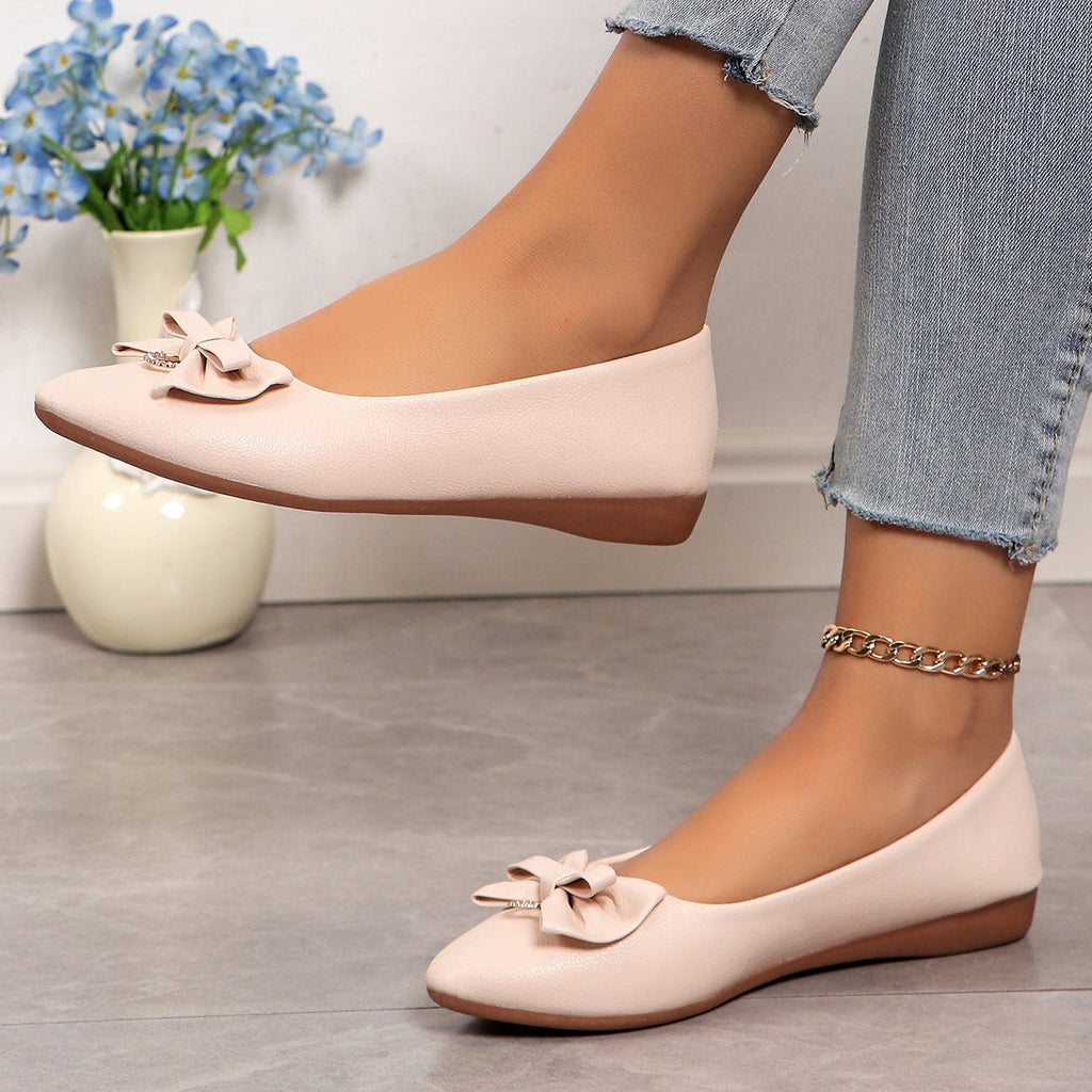 Women Pointed Toe Bow Flats with Rhinestone Comfort Low Wedge Shoes