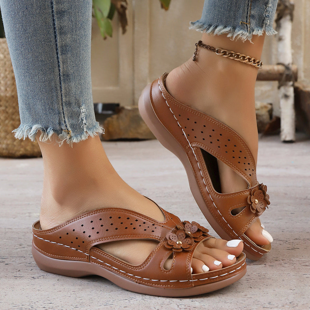 Women’s Platform Slide Sandals with Flower Embellishment – Perforated Breathable Comfort Wedges