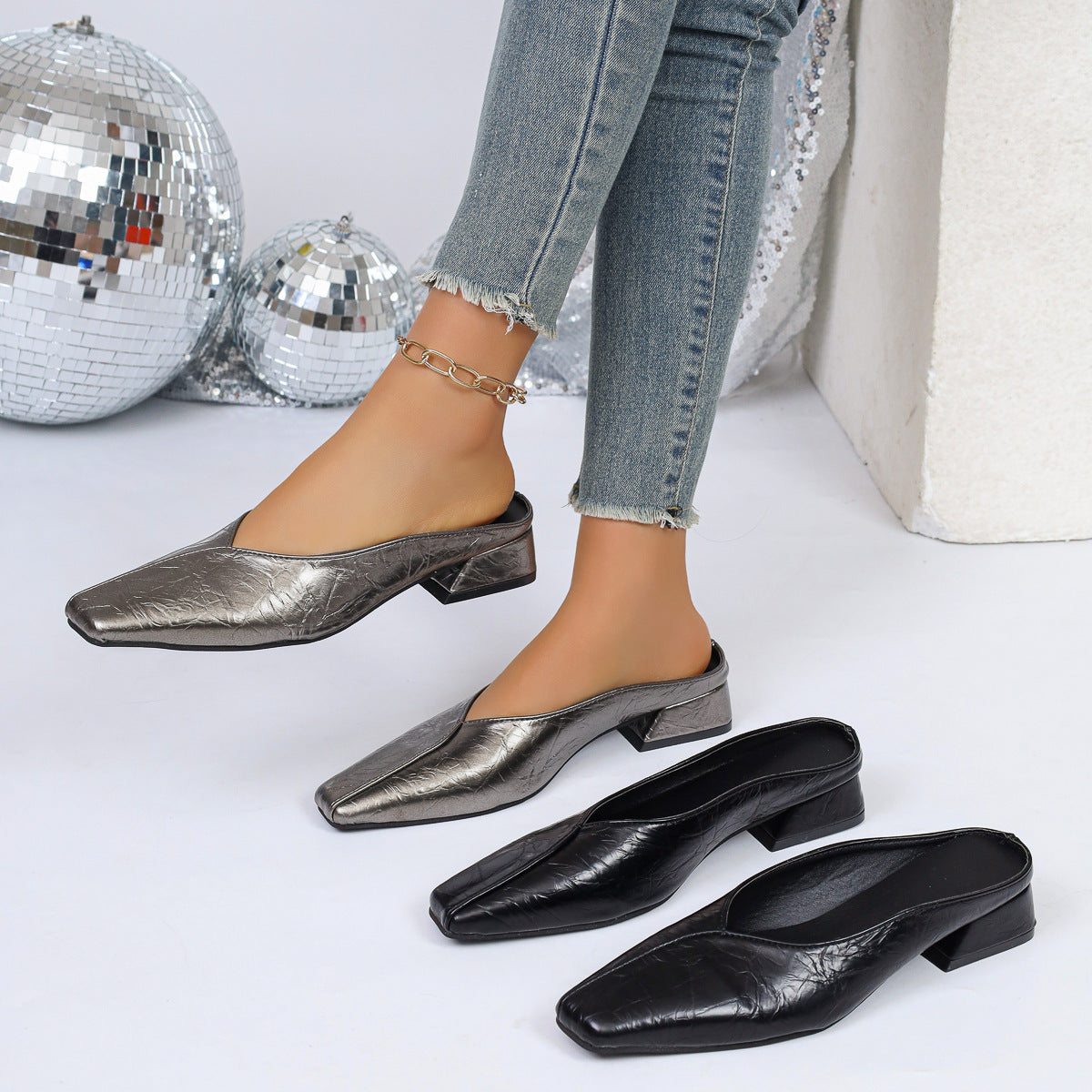 Chic Crocodile Texture Square Toe Block Heel Mules - 3.5cm Low Heel Slip-On Shoes