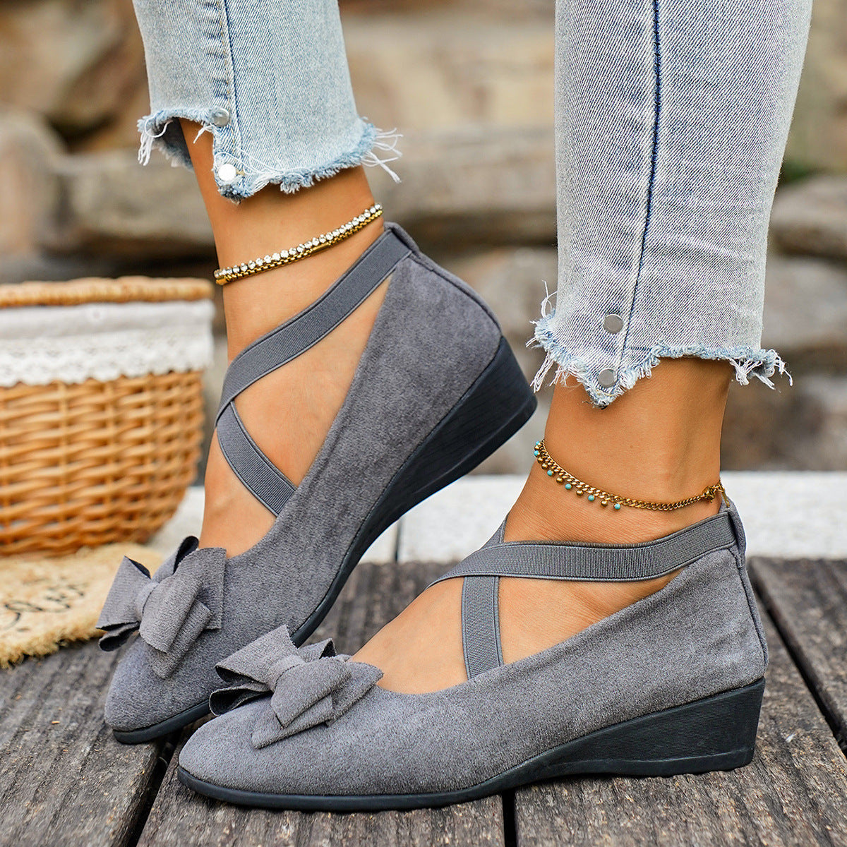 Women Bow Wedge Shoes Criss Cross Strap Suede Mary Jane Flats
