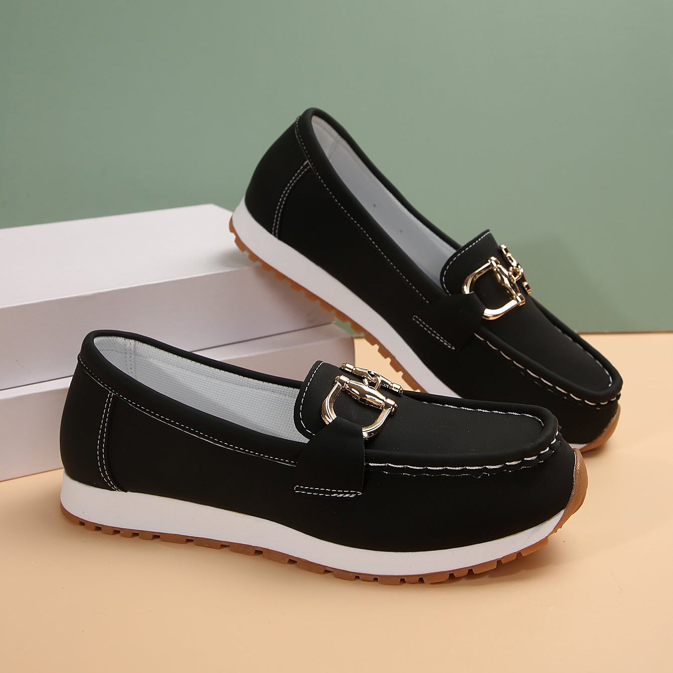 Women's Casual Loafers with Gold Buckle – Comfortable Platform Slip-On Shoes