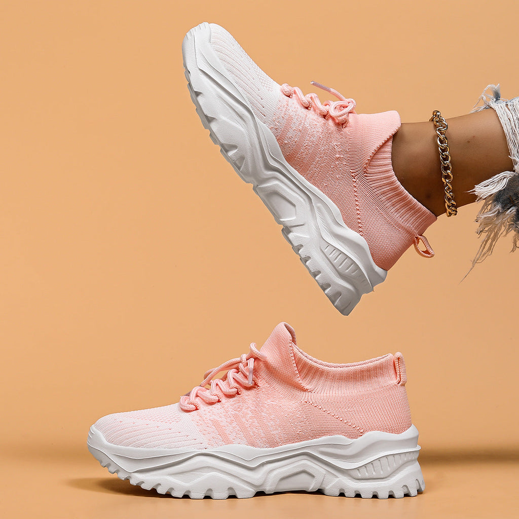 Women Knit Sneakers Chunky Platform Sock Shoes Lace Up Breathable Casual Trainers