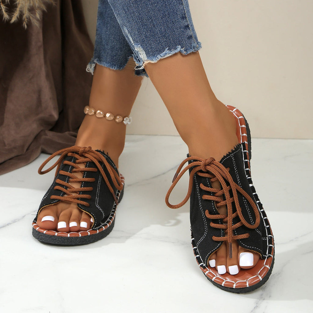 Women's Lace-Up Peep Toe Slide Sandals Casual Comfort Flat Sandals