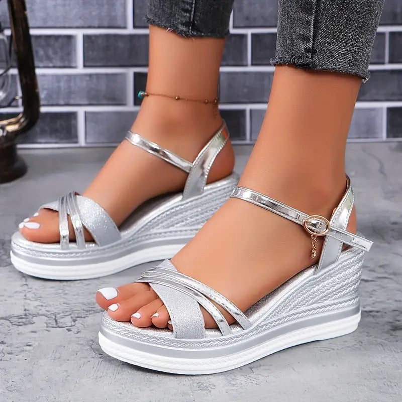 Women Platform Wedge Sandals Criss Cross Straps Ankle Buckle Summer Shoes