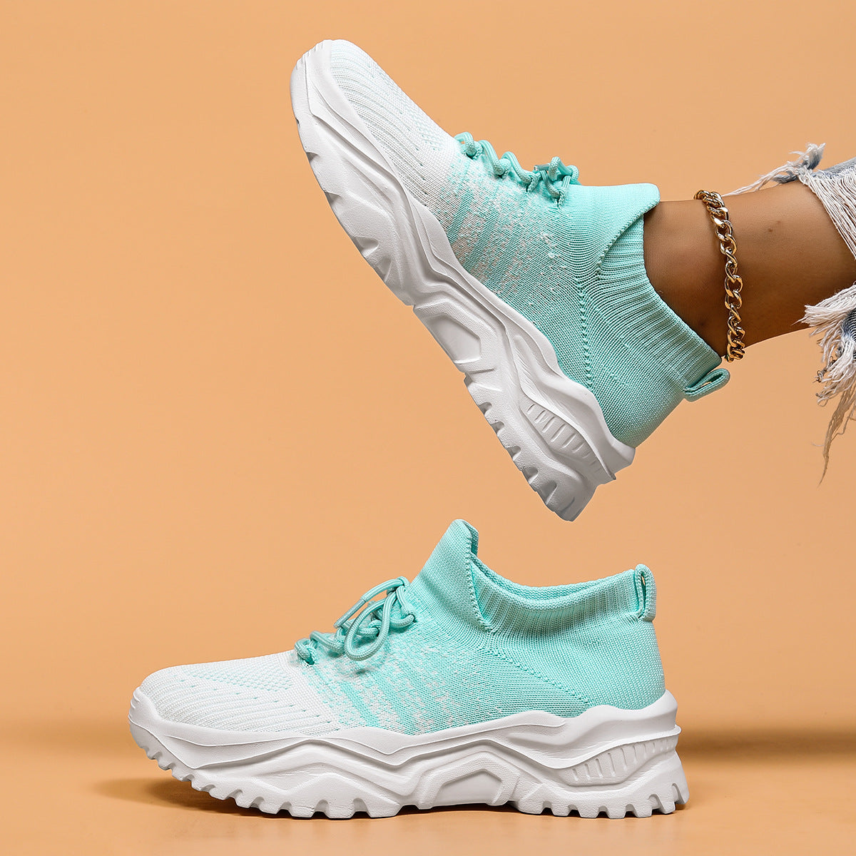 Women Knit Sneakers Chunky Platform Sock Shoes Lace Up Breathable Casual Trainers