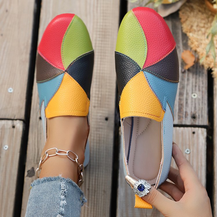 Women’s Colorful Patchwork Leather Slip-On Loafers with Chain Anklet
