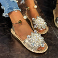Women Sparkly Pearl Crystal Embellished Peep Toe Flat Sandals with Ankle Strap