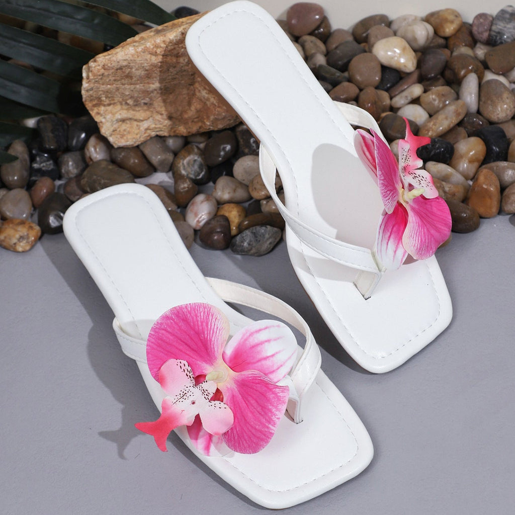Women's White Square Toe Orchid Flower Flat Sandals with Charm Anklet