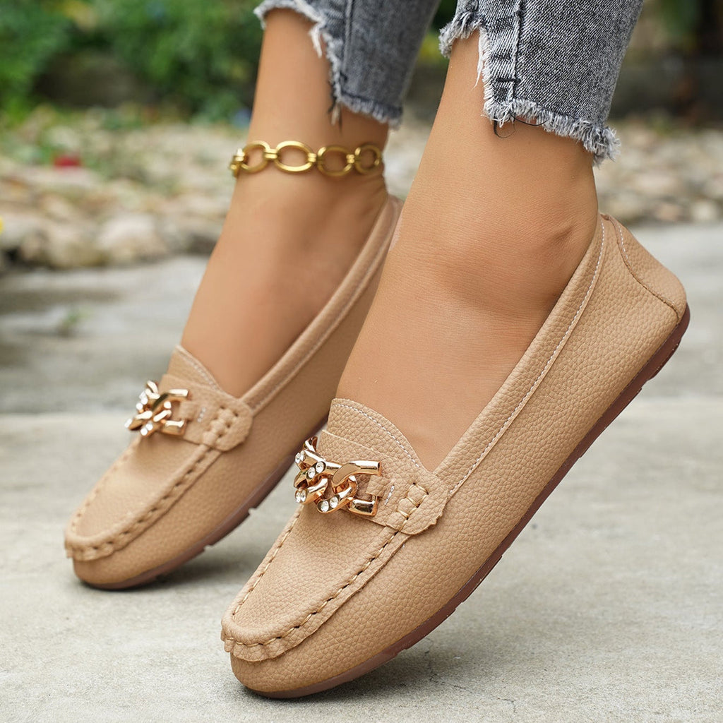 Women's Classic Chain Loafers with Gold Buckle Ornament – Comfortable Casual Slip-On Flats