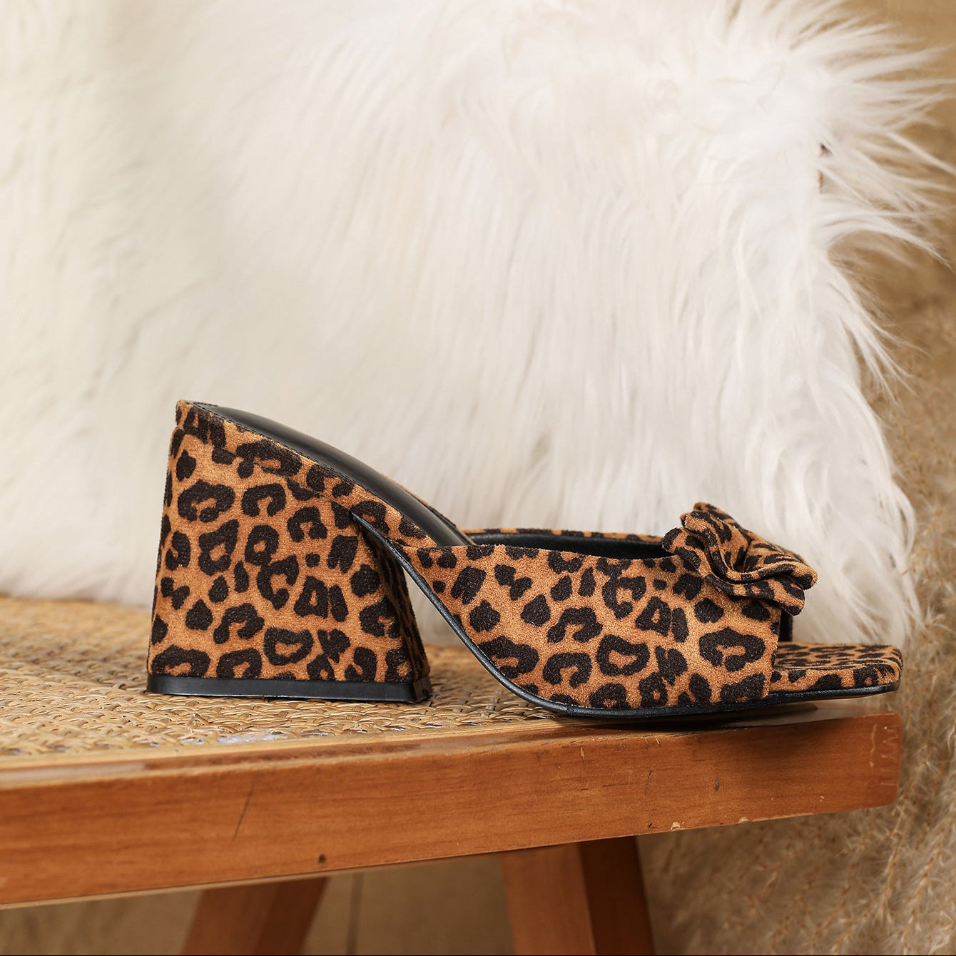 Leopard Print Bow Block Heel Mules - Square Toe Chunky Heeled Sandals