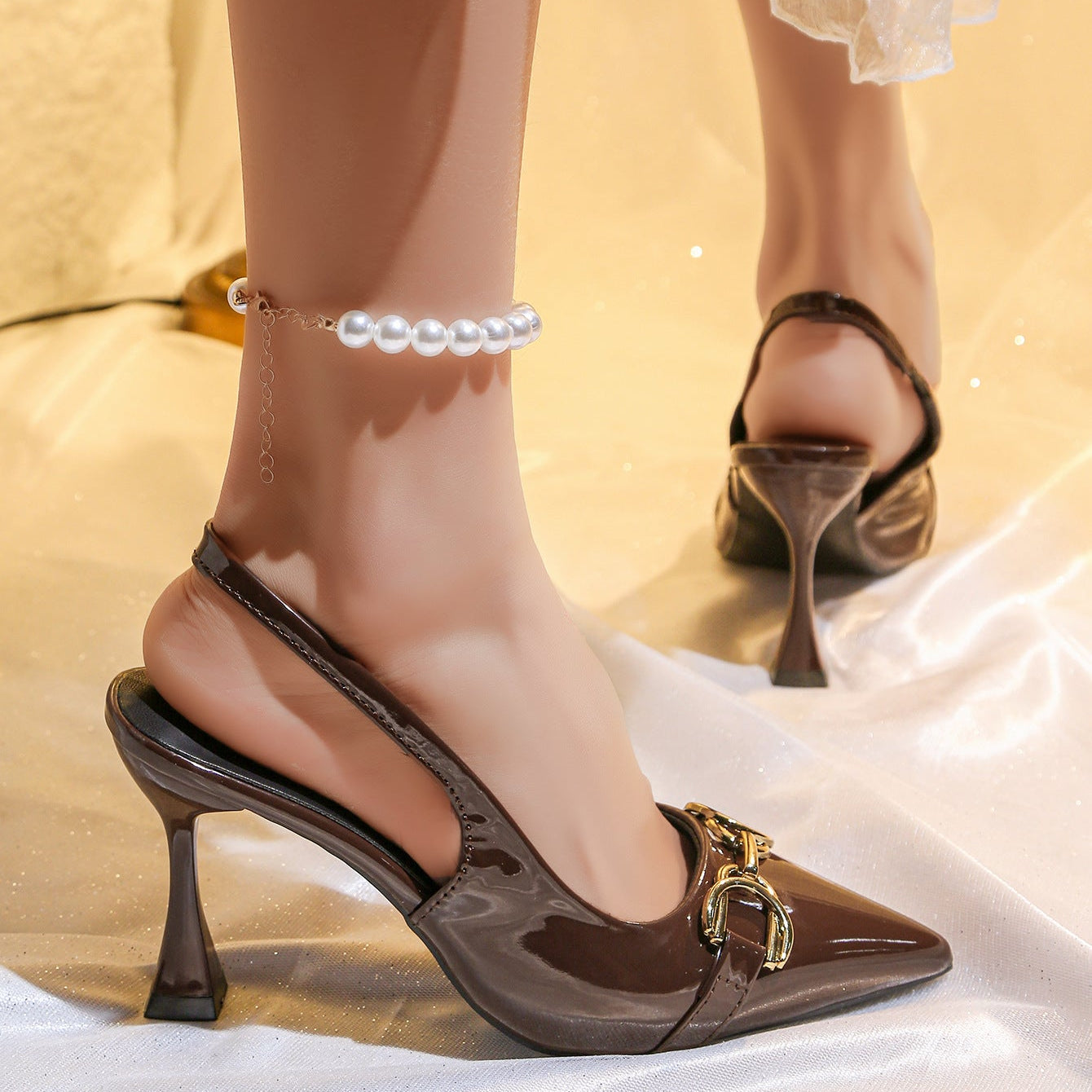 Women's Pointed Toe Slingback Kitten Heels with Gold Buckle Patent Leather Pumps