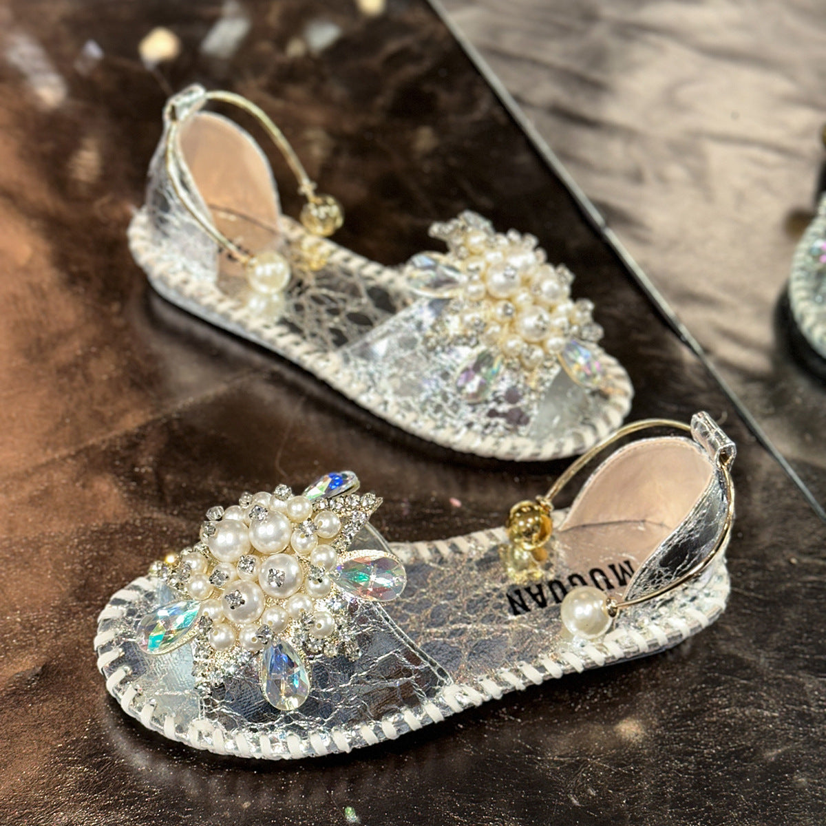 Women Sparkly Pearl Crystal Embellished Peep Toe Flat Sandals with Ankle Strap